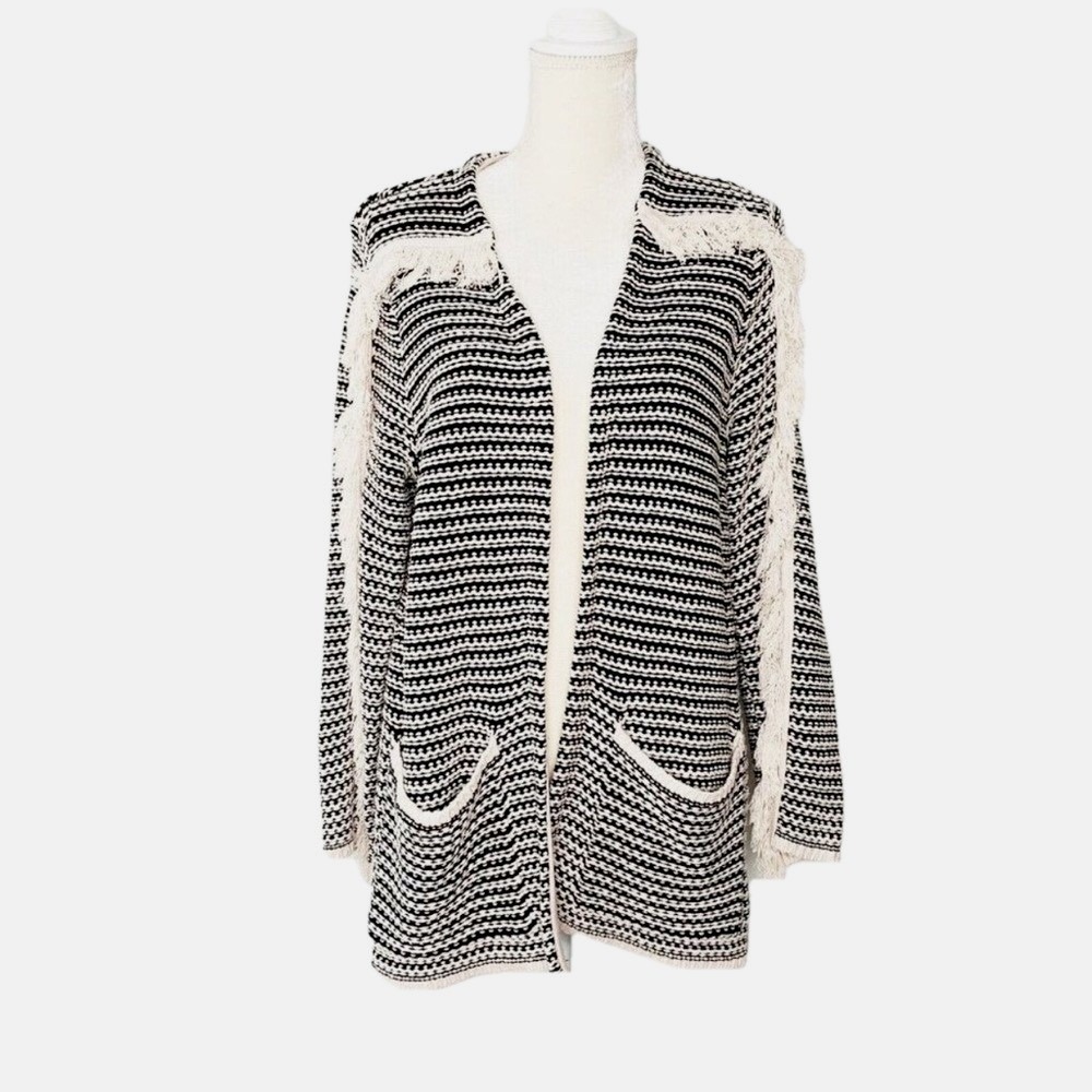 Knox Rose Cozy‎ Fringe Knit Open Striped Cardigan Size Small New Boho